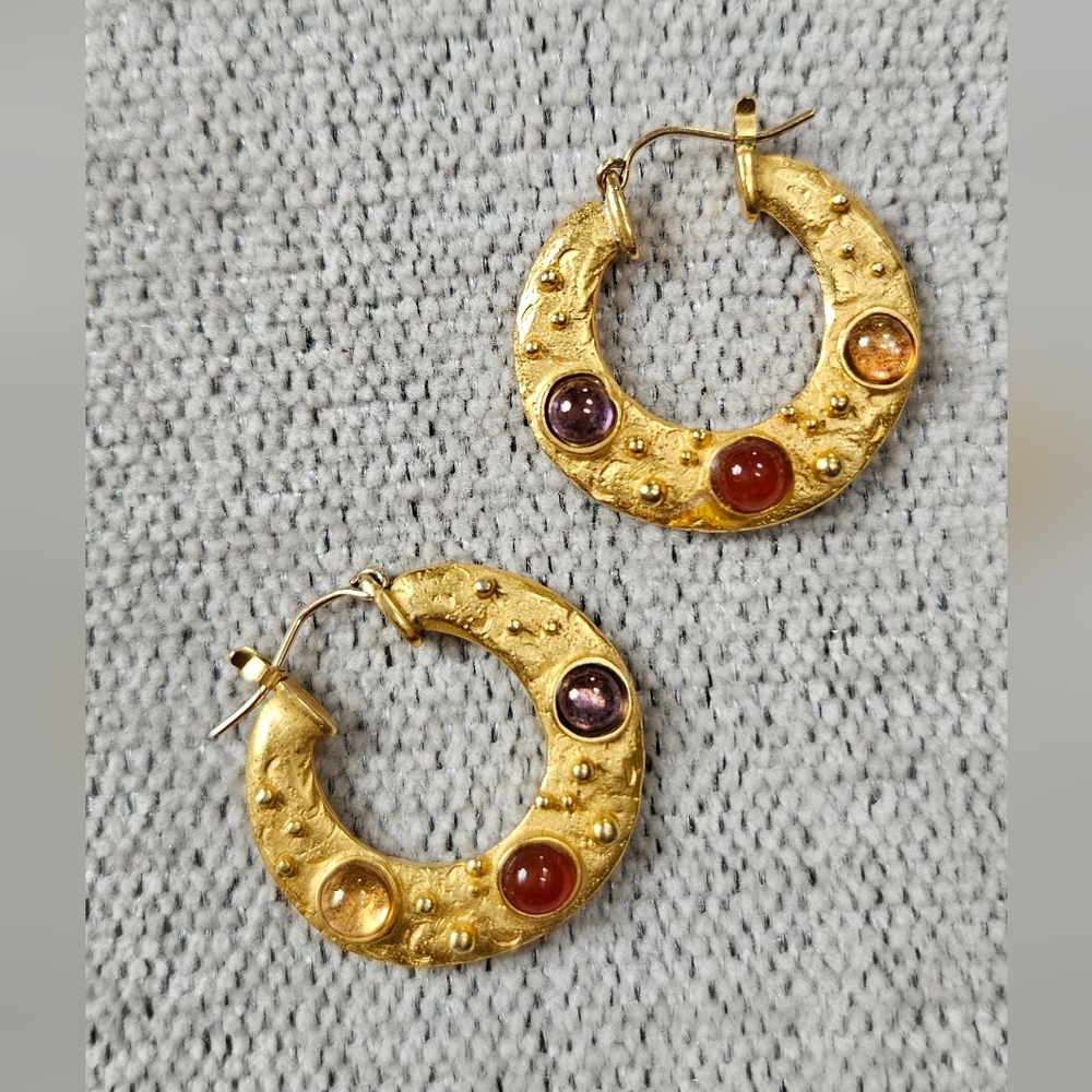 Vintage MMA 18k Gold Plated Cypriot Cabochon Hoop Earrings Met Museum Of Art